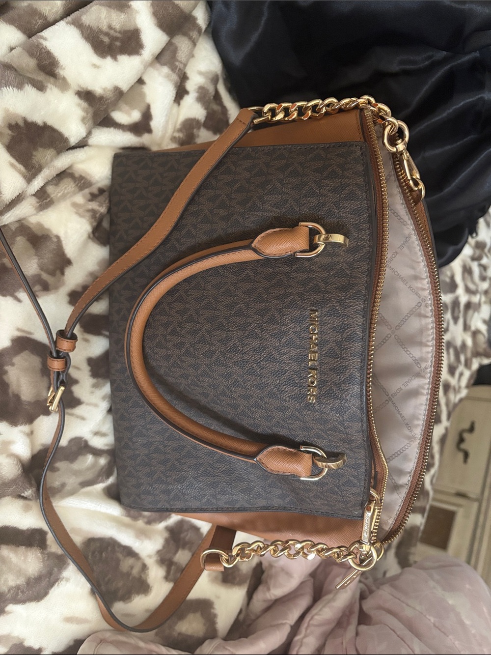 Michael Kors Brown Signature Monogram Satchel with Tan Trim